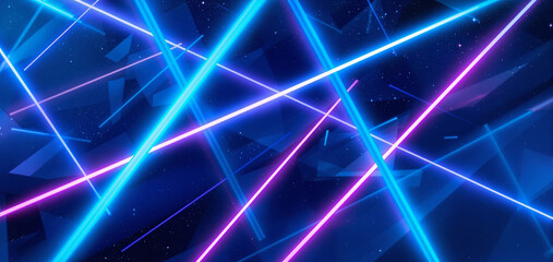 Aufkleber -  futuristic background featuring intersecting glowing neon lines in vibrant blue and pink tones, with a soft misty glow and subtle texture for depth.