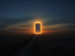 Poster - A cinematic shot of a door standing alone in the middle of a field, glowing as though it leads to another world.