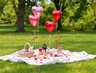 Poster - A romantic Valentine’s Day picnic setup in a green park, featuring a blanket, a basket of wine and cheese, and decorative heart-shaped balloons swaying in the breeze