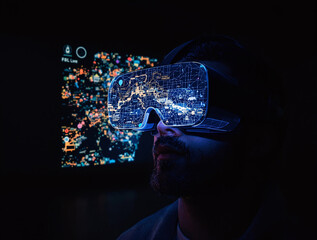 Aufkleber - A hyperrealistic image of virtual reality glasses projecting a 3D map in a dark room