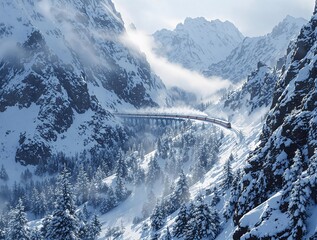 Fototapete - shot of a train winding through a snowy mountain range, with steam creating soft trails in the air.