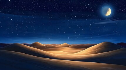 Poster - Serene Desert Landscape at Night with a Glowing Moon and Starry Sky Over Rolling Sand Dunes Under a Calm Celestial Atmosphere