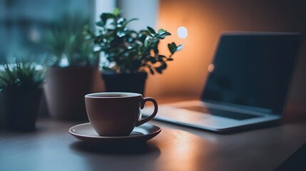 Poster - Cozy Workspace with a Warm Cup of Coffee, Indoor Plants, and a Laptop at Night, Creating a Relaxing and Inviting Atmosphere in a Creative Environment