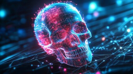 Futuristic glowing digital skull composition background