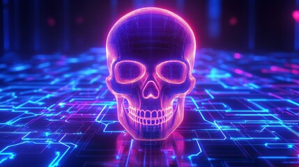 Futuristic glowing digital skull composition background