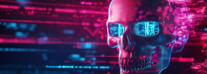Futuristic glowing digital skull composition background