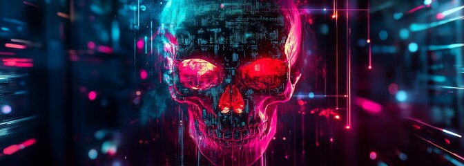 Futuristic glowing digital skull composition background