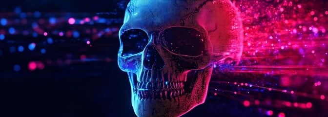 Futuristic glowing digital skull composition background