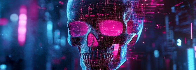 Futuristic glowing digital skull composition background