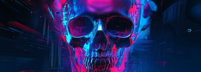 Futuristic glowing digital skull composition background