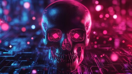 Futuristic glowing digital skull composition background