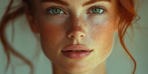 Wall Mural - Young woman with vibrant red hair and striking green eyes posing for a close-up portrait with natural light highlighting her freckles and features