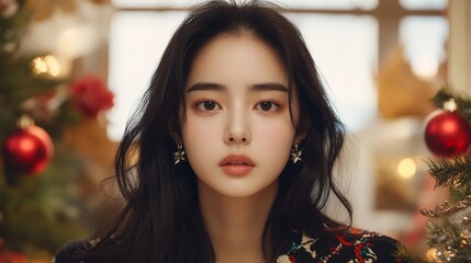 A serene portrait of a woman with long black hair, wearing festive earrings, surrounded by red baubles and Christmas tree branches, set in a warmly lit room.