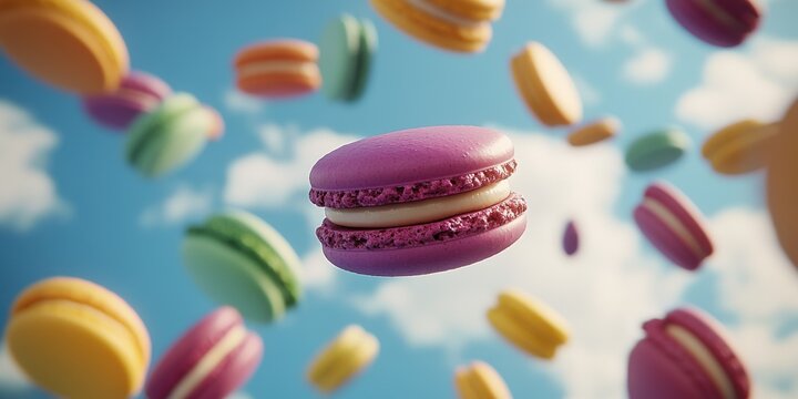 Colorful macarons float in a bright blue sky filled with fluffy white clouds, creating a whimsical dessert dreamland atmosphere on a sunny day