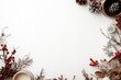 © Odin AI - A natural holiday flat lay featuring pinecones, twigs, and red berries arranged in a border, offering a rustic and cozy aesthetic on a white background.
