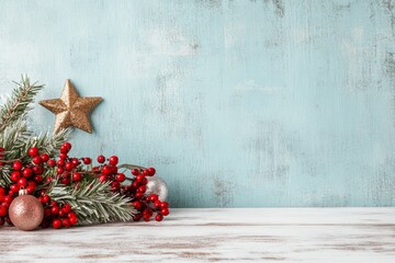 A rustic holiday arrangement featuring a gold star, red berries, and pine branches on a wooden surface, complemented by a distressed blue wall background.