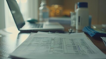 Poster - Desk with laptop, paperwork, and medication.