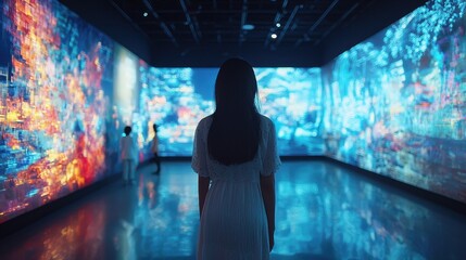 a tech-driven art gallery with digital canvases displaying shifting holographic masterpieces. visito