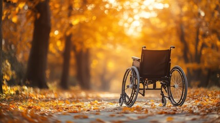 Canvas Print - Autumnal Solitude: A Wheelchair on a Leaf-Strewn Path