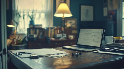 Poster - Cozy home office with laptop, documents, and desk lamp.