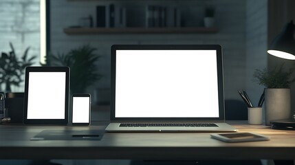 Wall Mural - modern workplace featuring laptop tablet and smartphone