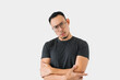 © Sevendeman - Serious angry face Asian freelance man bun hair in black on white.