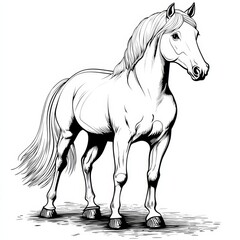 Poster - carton horse, black and white illustration, and coloring page on a white background. line drawing style