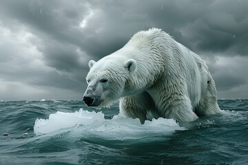 solitary polar bear stranded on a small melting iceberg, surrounded by rough arctic waters under a d