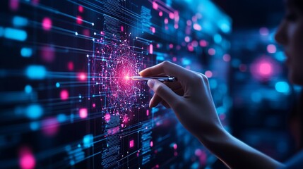 Poster - Hand interacts with a glowing digital network.