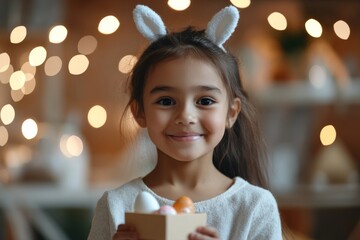 A smiling young girl with bunny ears holds a small box containing colorful Easter eggs, set against a bokeh-lit background, capturing excitement and joy.