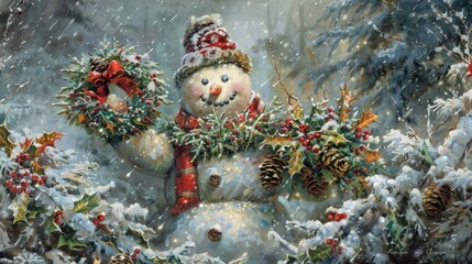 Wall Mural - A smiling snowman holding a Christmas wreath, surrounded by snowy pinecones and holly berries in a winter garden