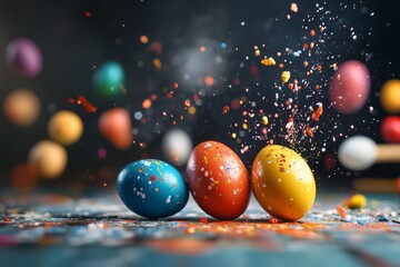 Poster - A dynamic image showing colorful Easter eggs with vibrant splashes, representing creativity, joy, and the festive spirit as colors burst energetically around them.