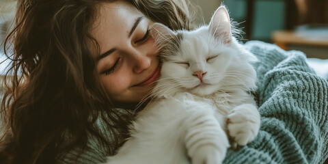 young woman with long hair and white cat in her arms