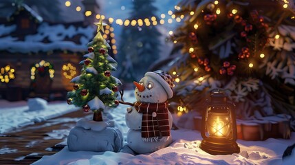 Wall Mural - A snowman holding a tiny Christmas tree, with a glowing lantern beside it and a festive wreath hanging in the background