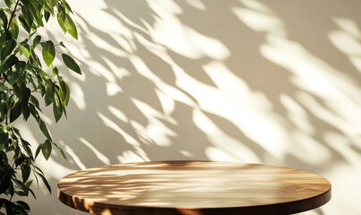 Aufkleber - Sunlight casting intricate shadows on a wooden table surrounded by lush greenery in a cozy indoor setting