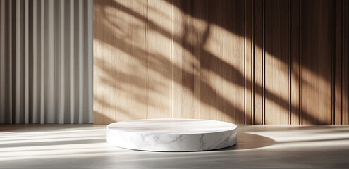 Poster - Bright indoor space featuring a round white pedestal with shadows and wooden paneling in the background
