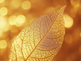 Poster - Delicate Golden Leaf with Intricate Veins Against a Sparkling Bokeh Background, Capturing the Essence of Nature's Beauty and Autumn Vibes