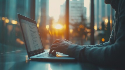 Poster - Person using laptop at sunset, city view.