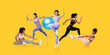© Prostock-studio - A diverse group of women showcases various athletic exercises, including stretching, jumping, and using a fitness ball. They exude energy and motivation in a vibrant yellow setting.