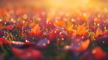 Poster - Captivating Autumn Leaves Glistening in the Morning Light with Dewdrops on Blades of Grass, Creating a Magical and Serene Nature Scene