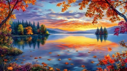 Poster - Serene Autumn Landscape with Vibrant Foliage Reflecting on Calm Lake at Sunset in a Peaceful Natural Environment