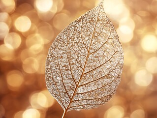 Poster - Delicate Skeleton Leaf with Intricate Veins Set Against a Warm Golden Bokeh Background, Capturing Nature’s Elegance and Fragility in a Stunning Macro Perspective