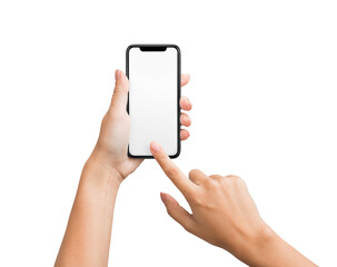 Wall Mural - Mockup on blank touchscreen of smartphone in female hands, isolated on white background, copy space