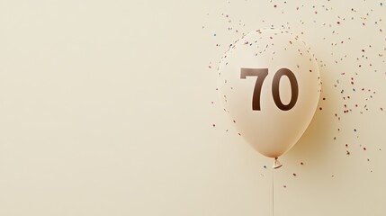 Celebration of a significant milestone marked by a balloon with the number seventy and colorful confetti against a light background