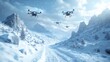 © Racelleo - Three drones fly over a snowy mountain pass.