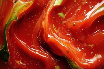 A vibrant and abstract texture resembling swirling tomato juice with accents of green herbs and spices, embodying the essence of a Bloody Mary cocktail in rich, glossy hues