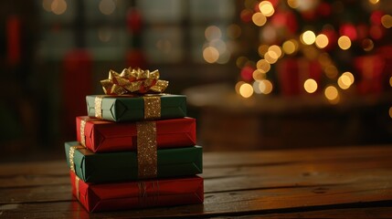 Wall Mural - A stack of red and green gift boxes tied with golden ribbons, placed on a wooden table with a festive holiday backdrop