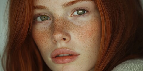 Wall Mural - Beautiful portrait of a person with red hair and freckles in soft lighting highlighting natural beauty and skin tones