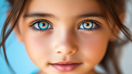 Wall Mural - Captivating close-up portrait of a young girl with striking blue eyes against a soft blue background, showcasing her innocent charm and unique beauty in a serene environment