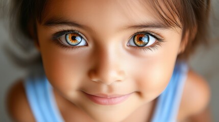 Wall Mural - Young child with captivating eyes smiling warmly while looking directly at the viewer in a soft-lit indoor setting during daytime